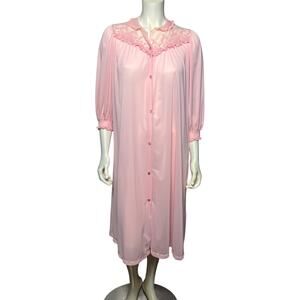 Vintage Artemis Pink Semi Sheer Nylon Robe House Coat Button Front Lace Trim